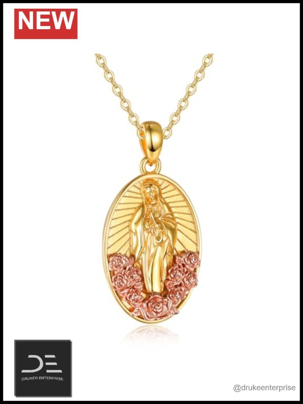 Gold Plated Sterling Silver Virgin Mary Pendant Necklace Religious Jewelry